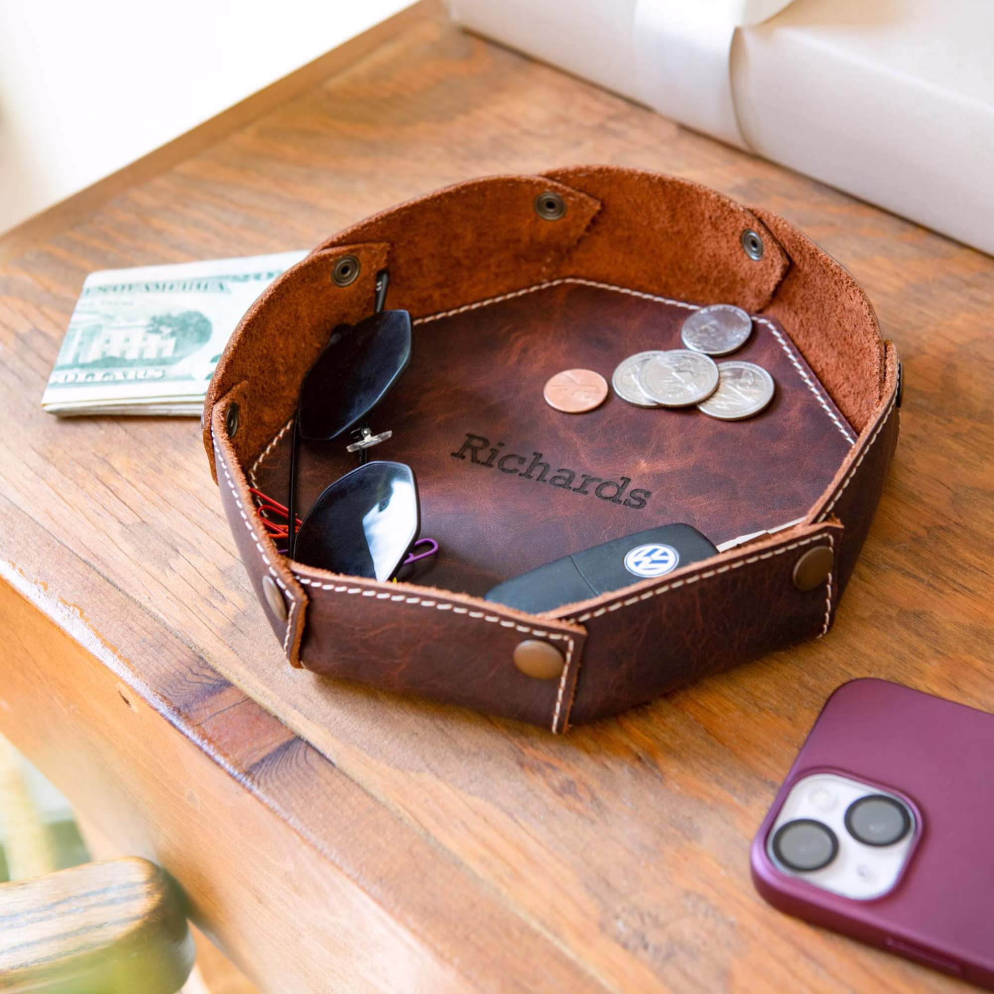 Personalized Top Grain Leather Catch All Tray, Round Valet Office Desk Organizer, Storage Decorative Vanity Tray