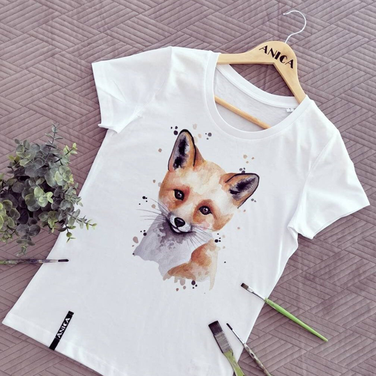 Baumwoll Tshirt Mit Kleinem Wald Fuchs, Damen Shirt Bemaltem Fuchs, Herbst, Aquarell Waldtier, Ökologische Produktion, Nachhaltigkeit