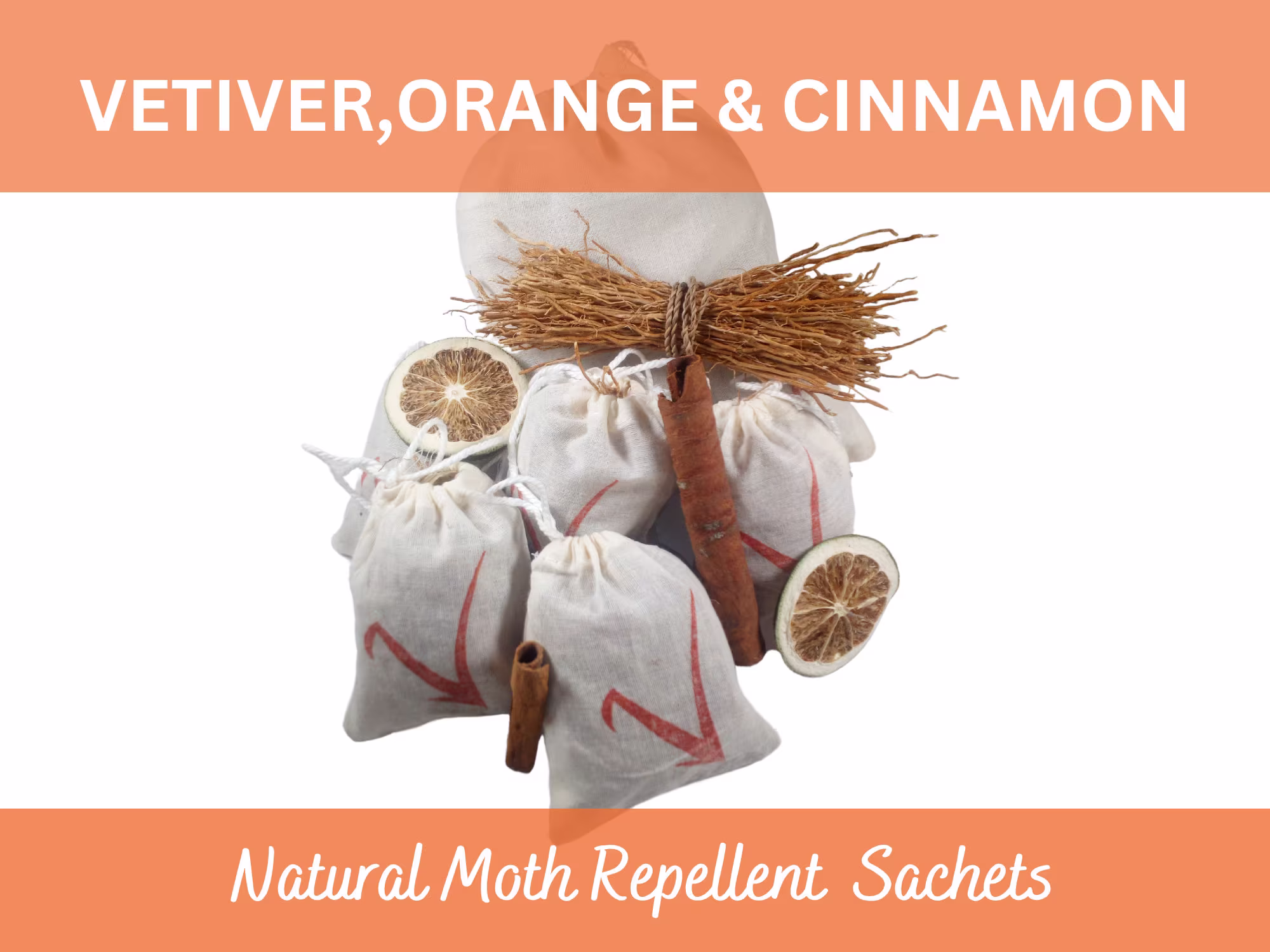 Vetiver(Khus Orange & Cinnamon Aromatic Sachets . Natural Moth Repellent For Clothes, Drawers, Wardrobes, Linen, Trainers | Pack 5 Sachets