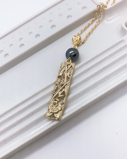 Hawaiian Bamboo Plumeria Hibiscus Bar Hamilton Gold Necklace With Shell Pearls