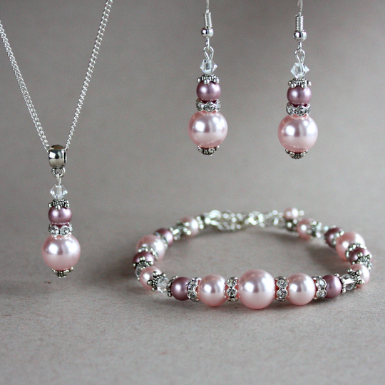 Light Pink Blush Dusky Powder Rose Swarovski Pearls Crystals Silver Pendant Necklace Earrings Bracelet Vintage Wedding Bridal Bridesmaid Set