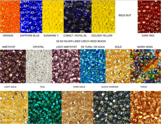 Size 8 Silver Lined Czech Seed Beads Amethyst Dk Red Crystal Black Diamond Teal Green Sapphire Royal Turquoise Yellow Orange Gold Topaz