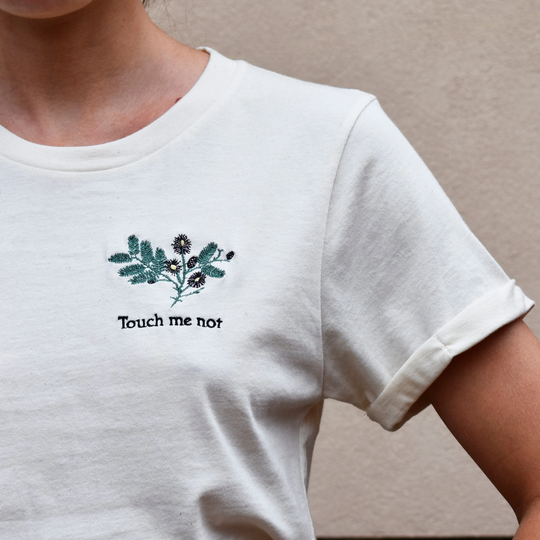 Organic Cotton Embroidered Off-White Scoop Neck Cuffed Short Sleeve Unisex Tee T-Shirt Gift For Introverts Touch Me Not Mimosa Pudica