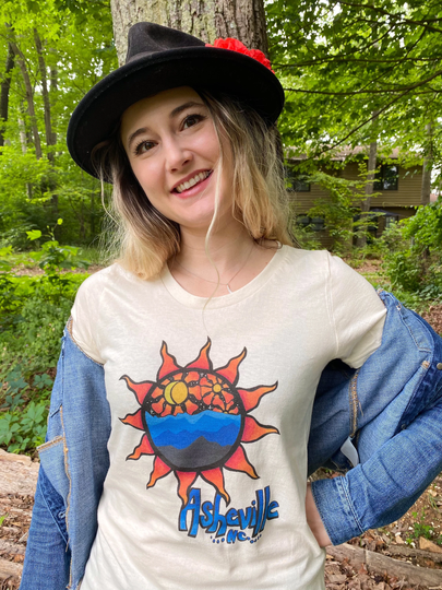 100% Organic Cotton, Women's | Slim Fit Asheville Blue Ridge Mountain Sun Design Graphic Tees