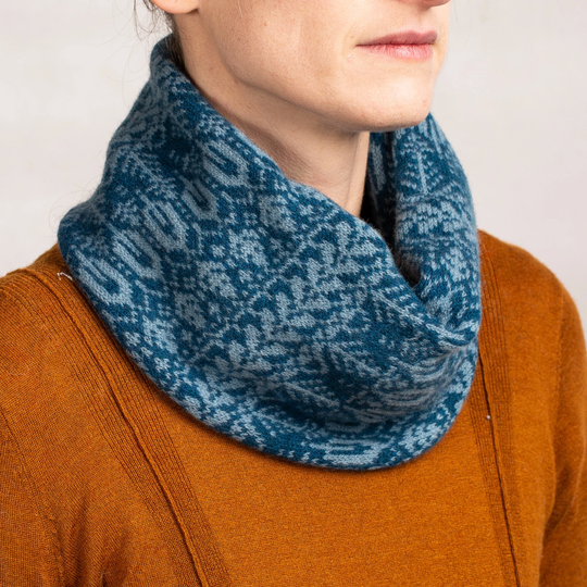 Unisex Knitted Neck Warmer, Seed To Tree Snood, Blues, Autumnal Colours, Lambs Wool, Mens Snood