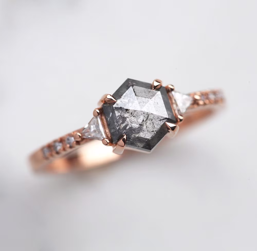 Salt & Pepper Diamond Ring, Galaxy Engagement Hexagon Rose Gold Gray Ring