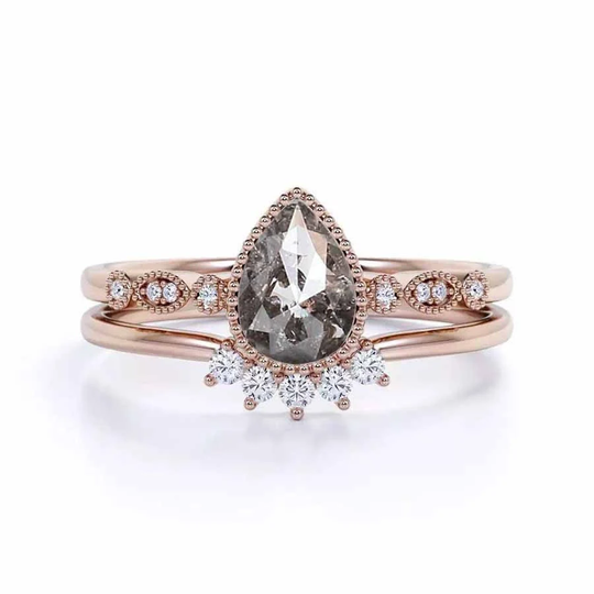 Pear Salt & Pepper Diamond Art Deco Ring With Wedding Band | Dainty 9K/14K/18K Rose Gold Engagement
