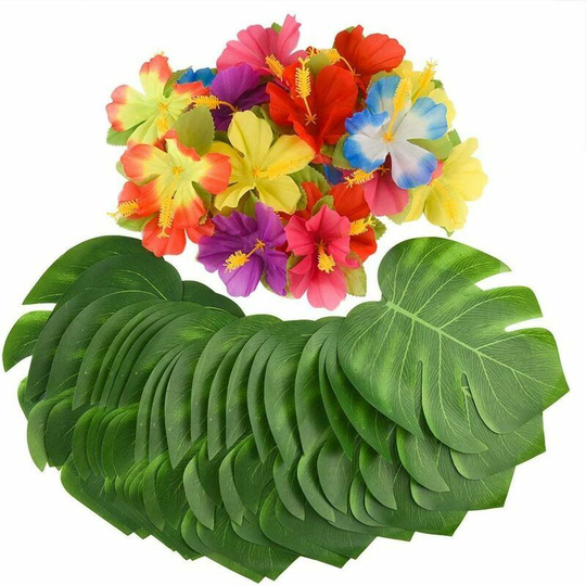 Thsinde - 60 Pieces Artificial Tropical Palm Leaves and Tropical Hibiscus Flowers, Hawaiian Theme Decoration for Wedding, Jungle Beach Party