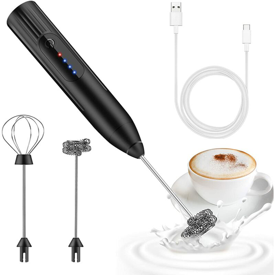 Rechargeable Electric Milk Frother with 2 Stainless Steel Whiskers, 3 Adjustable Mini Whiskers for Coffee, Matcha,