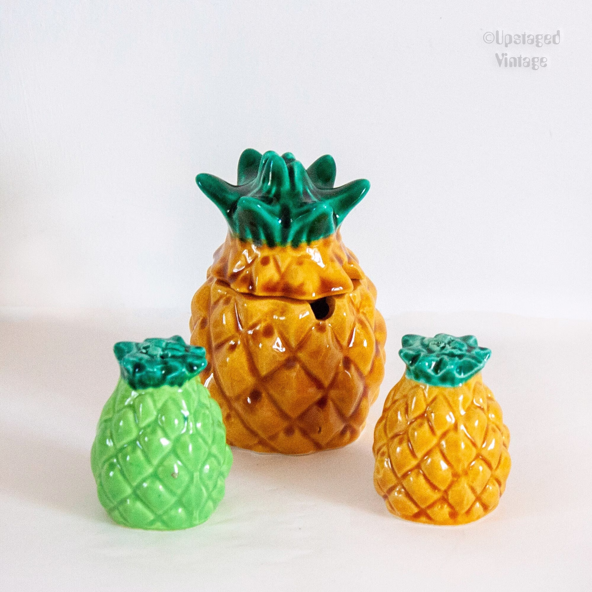 French Vintage Ceramic Pineapple Design Cruet Set With Salt & Pepper Shakers & Mustard Pot