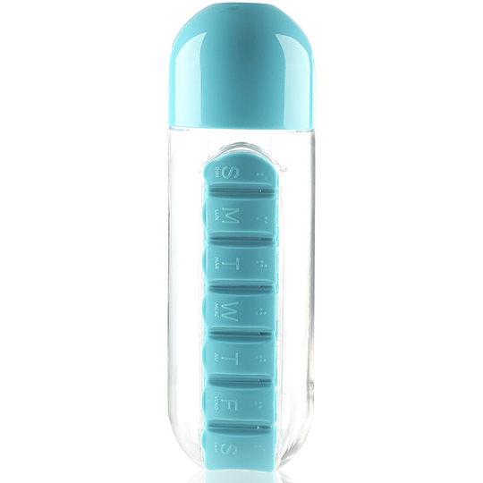 Lifcausal - 600ml Portable Water Bottle with Pill Organizer Medication Reminder Portable Travel Container for Vitamins Fish Oil Compartments,Blue