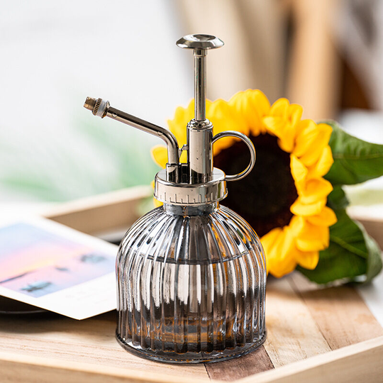 Watering Can, 16cm Tall Vintage Style with Bronze Plastic Top Pump One-Handed Glass Watering Can for Indoor Plants Terrarium (Dark Grey)