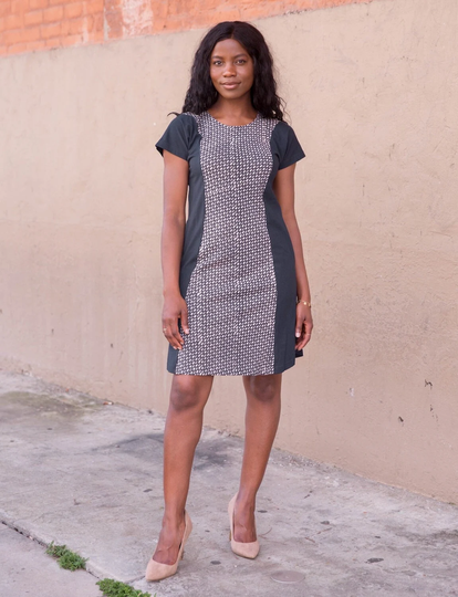 Navy Geometric Print Organic Cotton Shift Dress Fair Trade, Handmade, Perfect Gift For Her