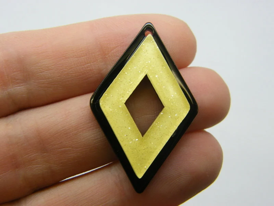 2 Yellow On Black Diamond Glitter Powder Pendants Resin M393