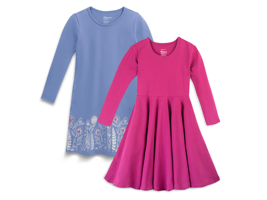 Girls Organic Cotton & Fair Trade Certified Peri Garden Long Sleeve T-Shirt Dress & 3/4 Raspberry Skater, Pack Of 2