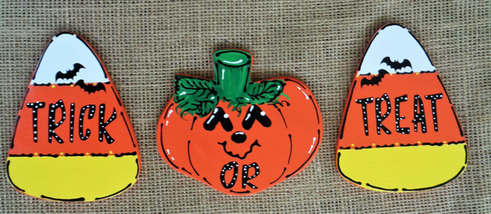 3 Mini Trick Or Treat Candy Corn & Pumpkin Tiered Tray Art Hanger Plaques Holiday Season Decor Wreath Embellishment Handcrafted Hand Painted