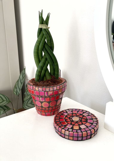 Handmade Red Mosaic Indoor | Outdoor Plant Pot & Coaster Home Decor Birthday Gift Cactus Planter