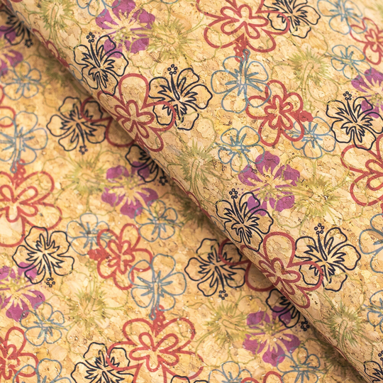 Hibiscus Splash Cork Fabric Leather Natural Portugal Cork Fabric Vegan Textile Sheet Liège Kork Colors Sheets Cof-316-A