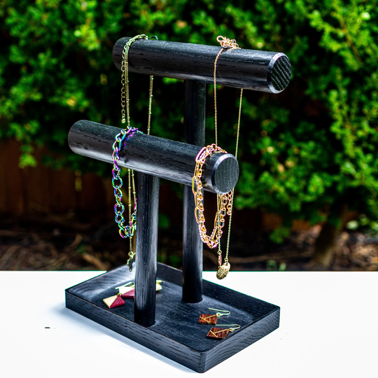 Sleek Black Oak Jewelry Stand. Organize & Display Your Necklaces, Bracelets Watches. Dish Base Holds Rings, Earrings. Bracelet Holder