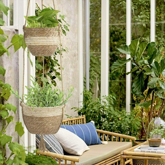 Seaweed Hanging Planter Basket, 2 Size Indoor Outdoor Woven Planter - Planter Lid Storage Basket Plant Container (Beige)