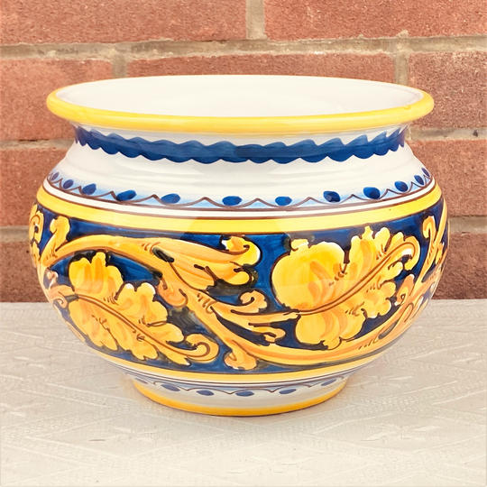 Round Ceramic Planter - Handmade in Italy & Decorated By Hand, Floral Pattern, For Houseplants, Ø 27 H 19cm