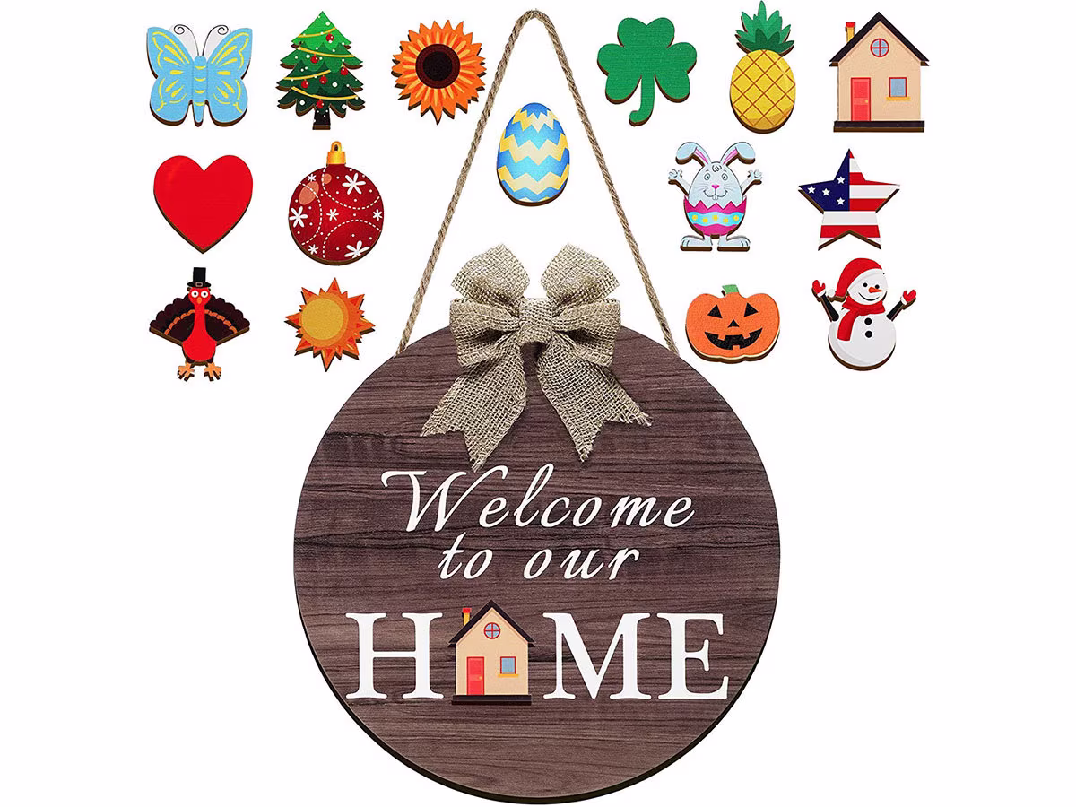 Wooden Seasonal Welcome Door Sign Interchangeable To Our Home Round Wood Hanging Front With Burlap Bow With(Brown