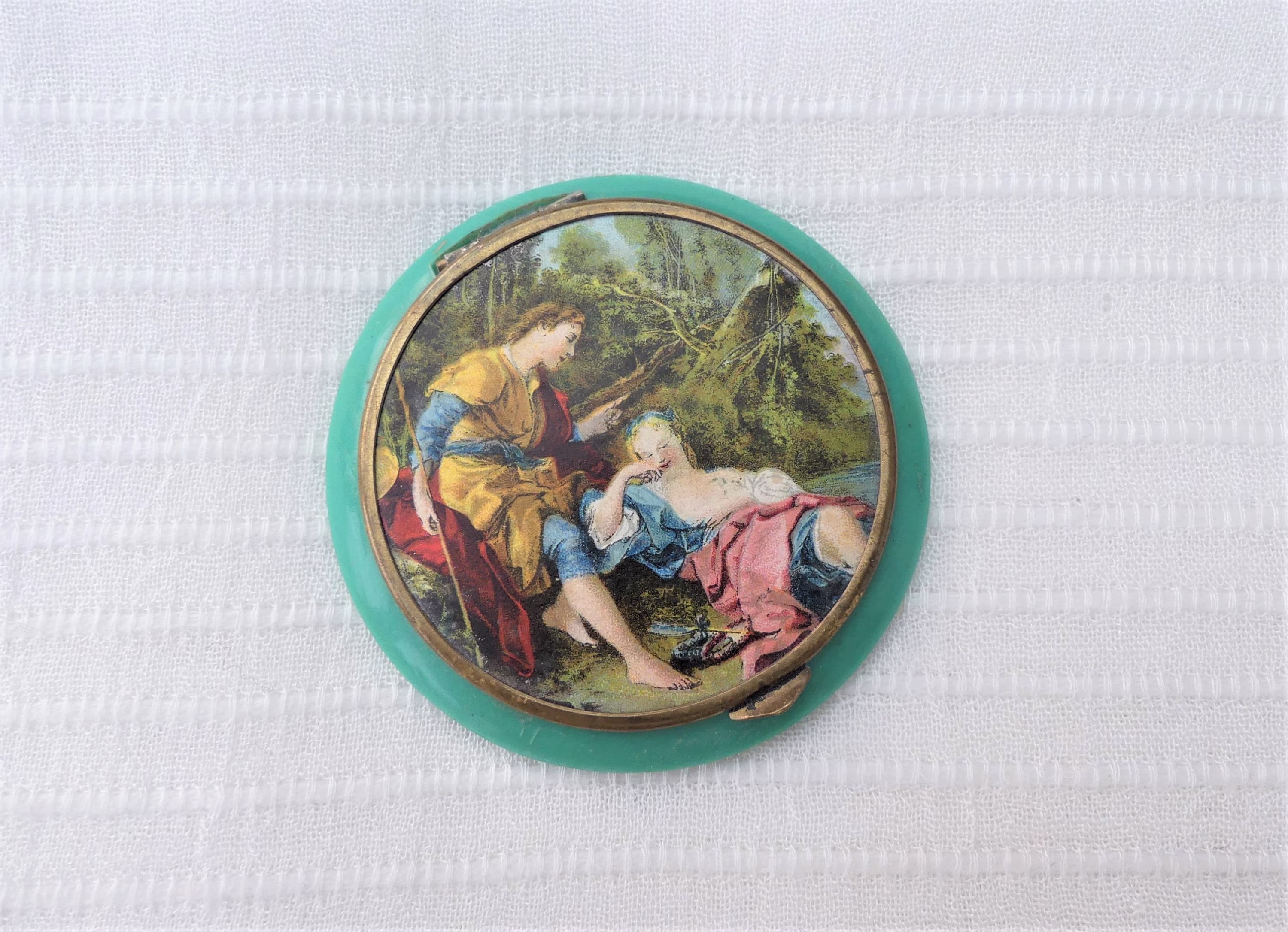 Spingarn French Turquoise Celluloid Powder Compact With 18Th Century Romantic Rural Scene, Signed