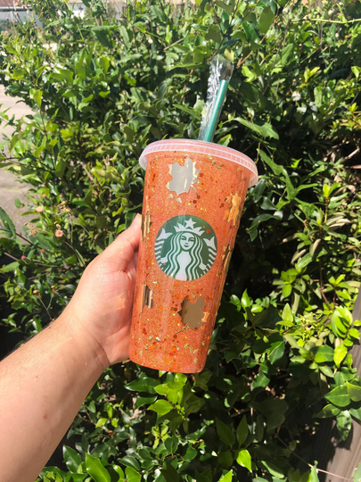 starbucks Cup Glitter Fall Leaves -Reusable Cup-Venti Cup - Ice Coffee - Season - Thanksgiving Autumn Holidays Gift-Gold
