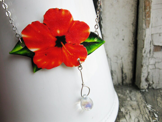 Tropical Jewelry Orange Flower Necklace Tangerine Women's Hibiscus With Glass Dew Drop Image Nature Summer Trending