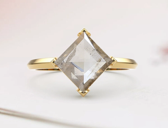 Natural Handmade Prong Set 0.69 Carat Gray Stone Kite Shape Diamond, Salt & Pepper Ring in 14K White, Yellow & Rose Gold