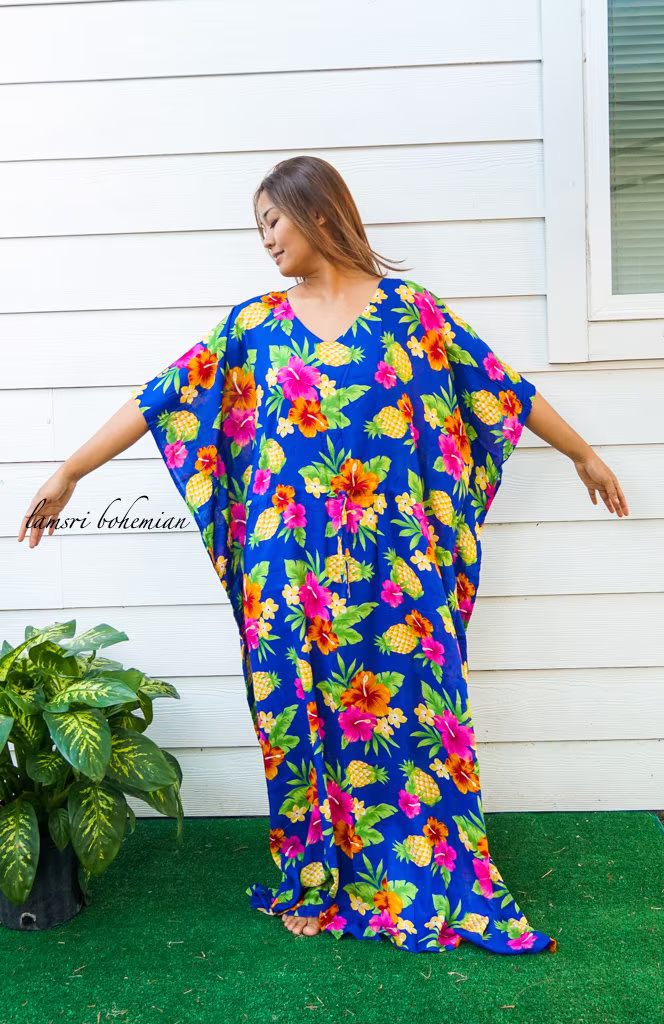 Hibiscus Floral Boho Kaftan Dress, Loose Fit Beachwear, Loungewear, Summer Clothing, Swimsuit Cover Up, Hawaiian Caftan