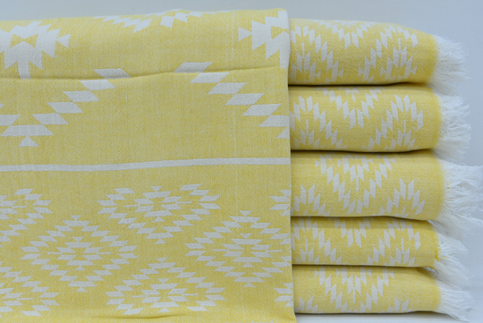 Turkish Hand Towel, Organic Cotton Wedding Gift Aztec Design Yellow 20x40 Inches U-204