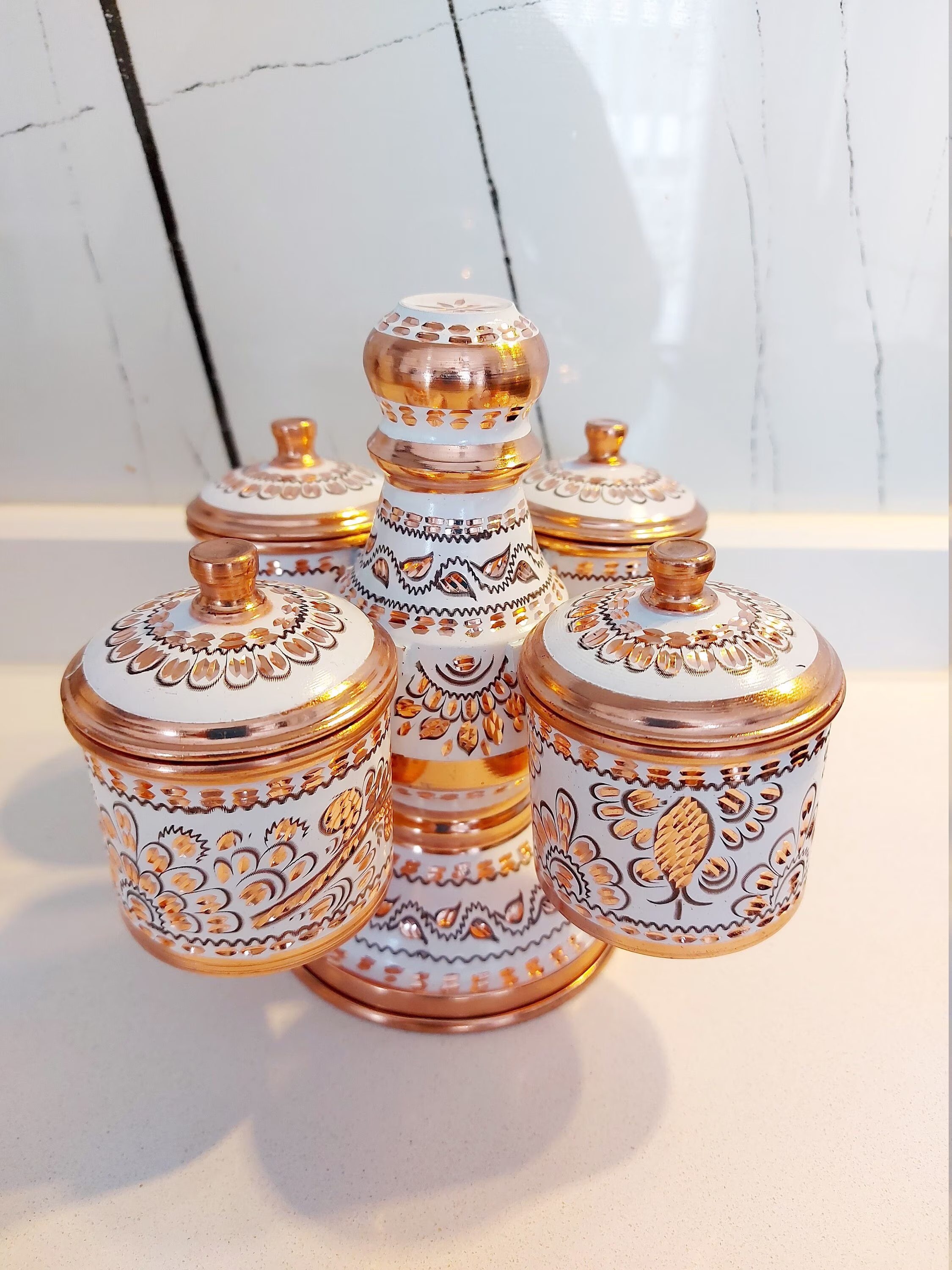 Copper Spice Container, Handmade Set, Colourful Box, 4 Compartment Container, Spice Jar, Salt Container, Sugar Container, Wedding Gift