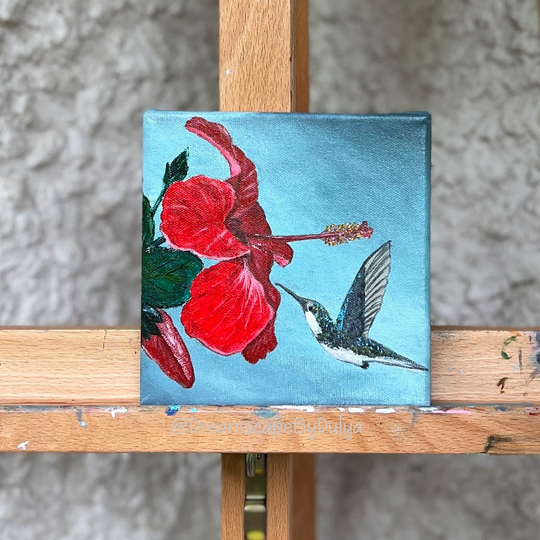 Tropical Flower Art, Hibiscus Artwork, Flowers Floral Art Print, Painting, Canvas Humming Bird Artwork