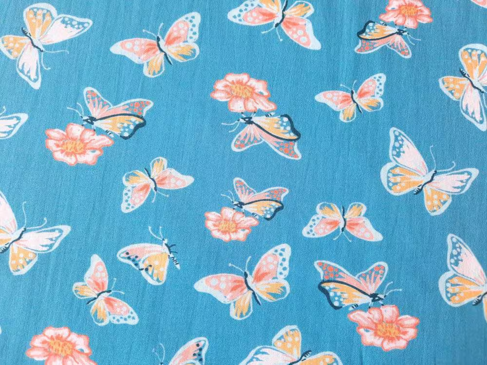 Aflutter Poplin, Organic Cotton Butterfly Fabric, Flowers & Butterflies On Blue Teal, Monaluna, Vintage 74, By The Yard Or Half