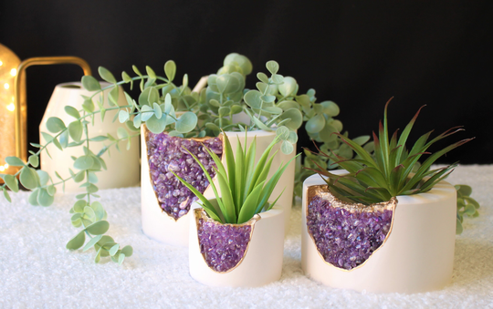 Amethyst Crystal Planters With Gold Trim, Pretty Plant Pot, Geode Planter, Birthstone Gift, Succulent Pot