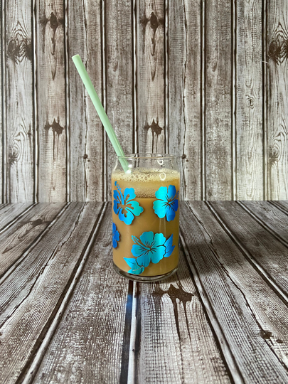 Hibiscus Blue Opal Can Glass 16 Oz Libbey Shaped Glass, Coffee, Beer