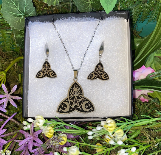 Witchy Stainless Steel Pendant & Earring Set; Silver Alloy Chain, Pentacle, Triple Moon Sun With The Frame Of A Triquetra, Jewelry