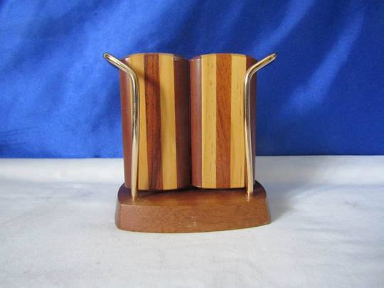 1970's Retro Wyncraft Wooden Salt & Pepper Set On A Metal Stand