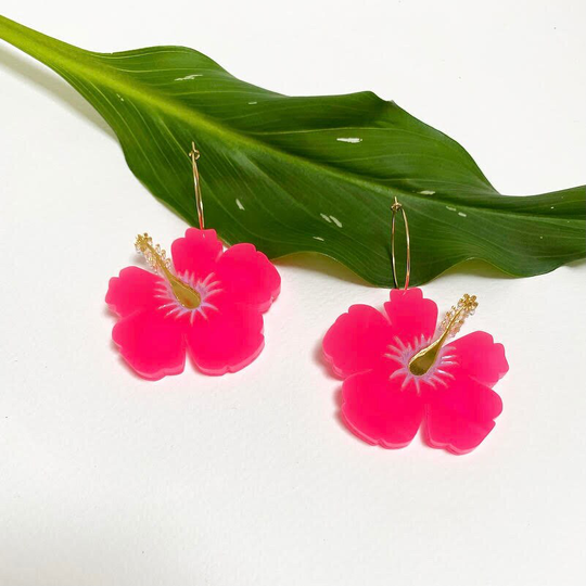 Large Hibiscus Sunset Earrings in Pink Neon