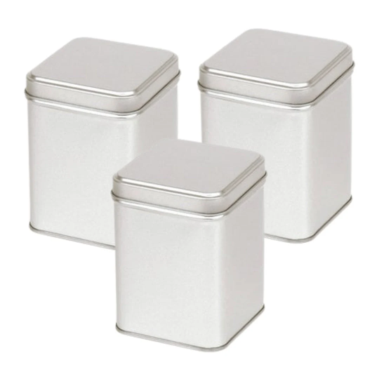300Ml - 3x Square Tea Caddies. Plain Silver Storage Tin Ideal For Tea, Coffee, Sugar, Spices, Herbs, Seasoning, Biscuits