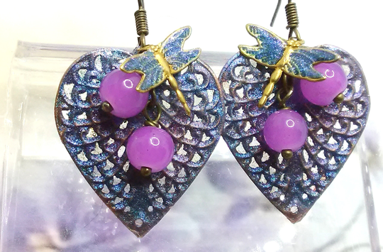 Color Shifting Mica Powder Filigree Hand Painted Heart Earrings With Lavender Czech Glass Beads & Tiny Blue Winged Dragonflies, Unique Gift