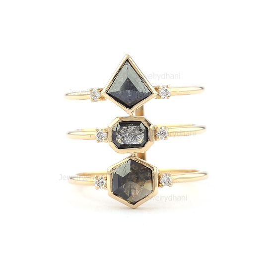 Multi Cut Diamond Ring Natural Unique Salt & Pepper Engagement Rings Handmade Statement Jewelry Mother's Day Gift