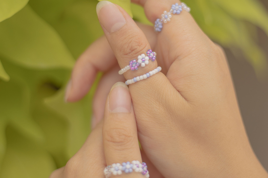 Purple Beaded Rings Collection | Mini Seed Bead Retro Flower