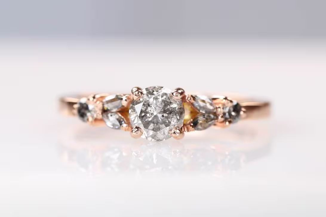 14K & 18K Gold Salt & Pepper Round Cut Diamond Ring, Minimalist Real Stacking April Birthstone H27