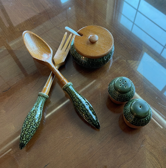 Vintage Salad Serving Set, Olive Green Ceramic & Wood, Forks, Salt Pepper Shakers, Mustard Bowl With Spoon, New Old Stock