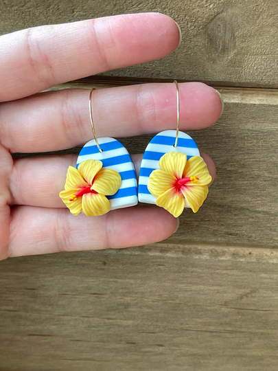 It's A Hibiscus Kind Of Summer Collection-Yellow Flower Earrings, Hoop Striped Earrings