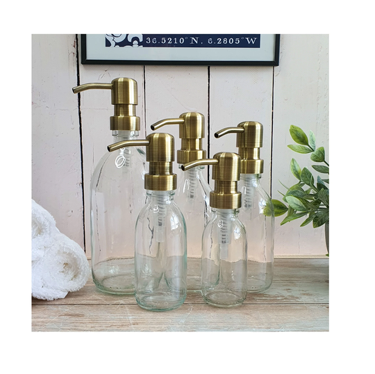 Refillable Clear Glass Soap Dispenser Bottles/Antique Brass Effect Metal Pump Bathroom Accessory For Shampoo, Body Wash, Conditioner