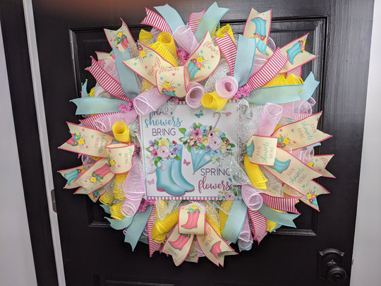 Bright Floral Wreath, Spring Front Door Summer Deco Mesh Yellow Seasonal Rain Wreath