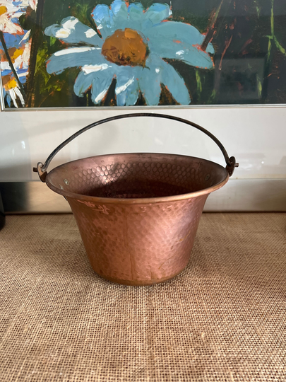 A Gorgeous Medium Size French Vintage Indoor Hammered Copper Planter Pot With Handle